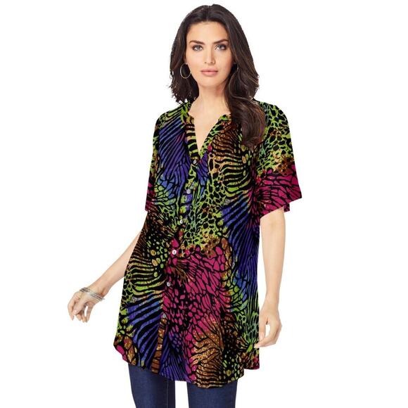 Roaman’s Tunic Top Sz 24 W Button Front Crinkled Rayon Crepe Mixed Animal Print - Picture 1 of 10